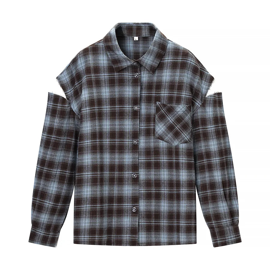 Fashion Checkered Pattern Shirt Women Elegant Lapel Long Sleeve Single Breasted Pocket Loose Tops 2026 New Chic Outerwear Shirt