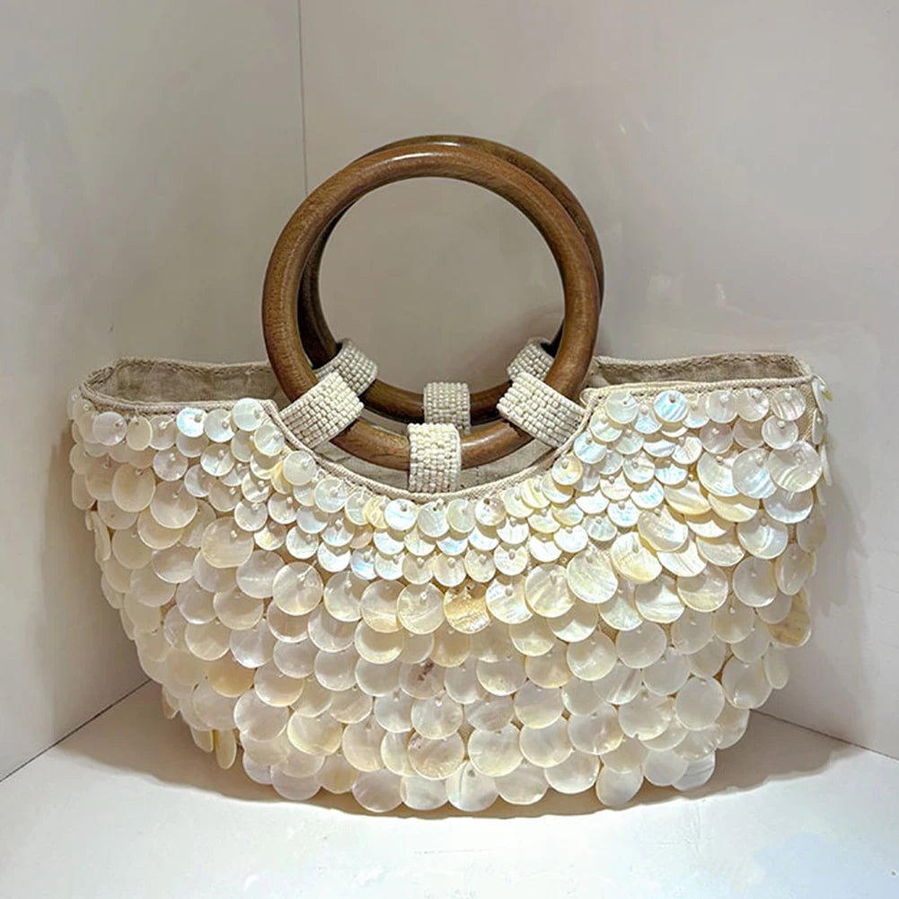 Shell Beaded Clutch Purse Handmade Top Handle Bag Luxury Designer Evening Handbag Evening Bag for Women Summer Vacation - Kimlud