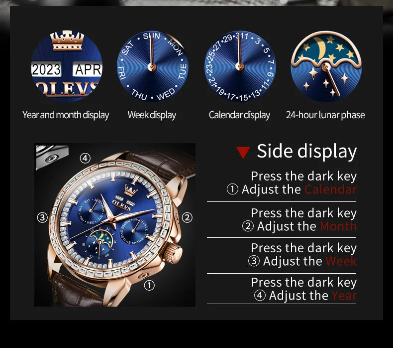 OLEVS 6695 Luxury Man Watch Original Brand Diamond Bezel Moon Phase Waterproof Glow Automatic Mechanical Wrist Watches...