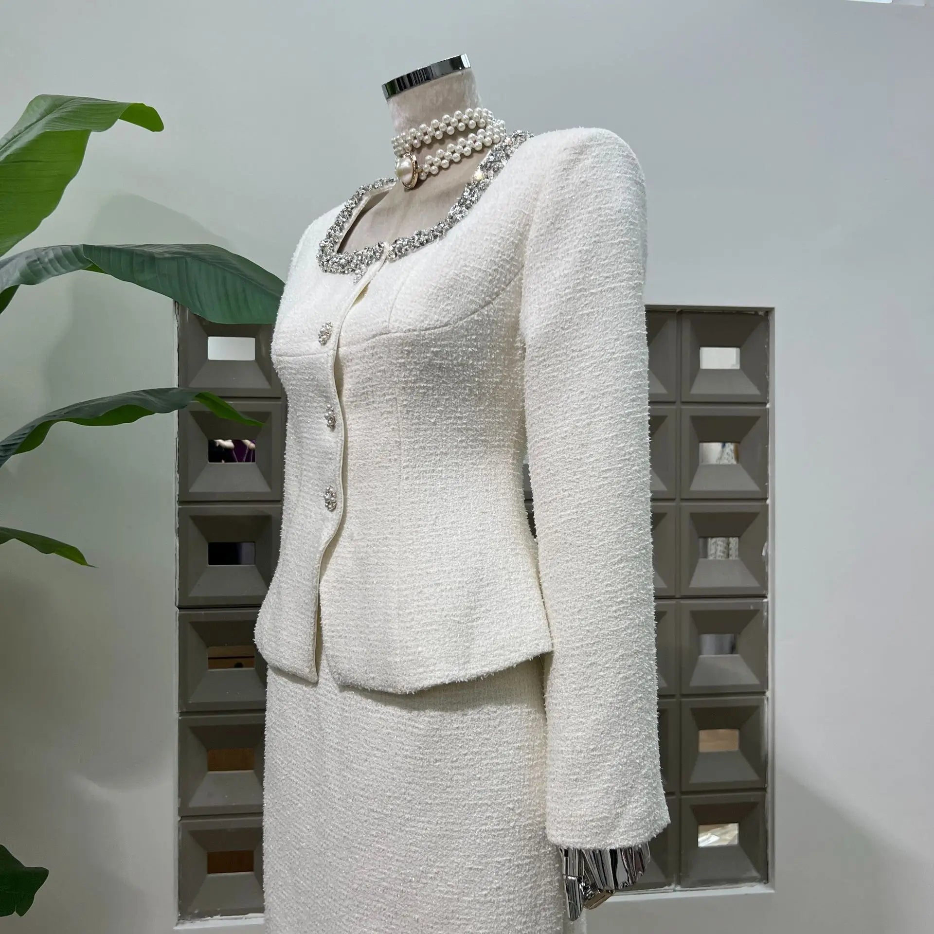 IEQJ Fashion Black 2 Piece Set Women Square Collar Diamonds Inlaid Short Jacket High Waist Skirt Suit Autumn New 3A556