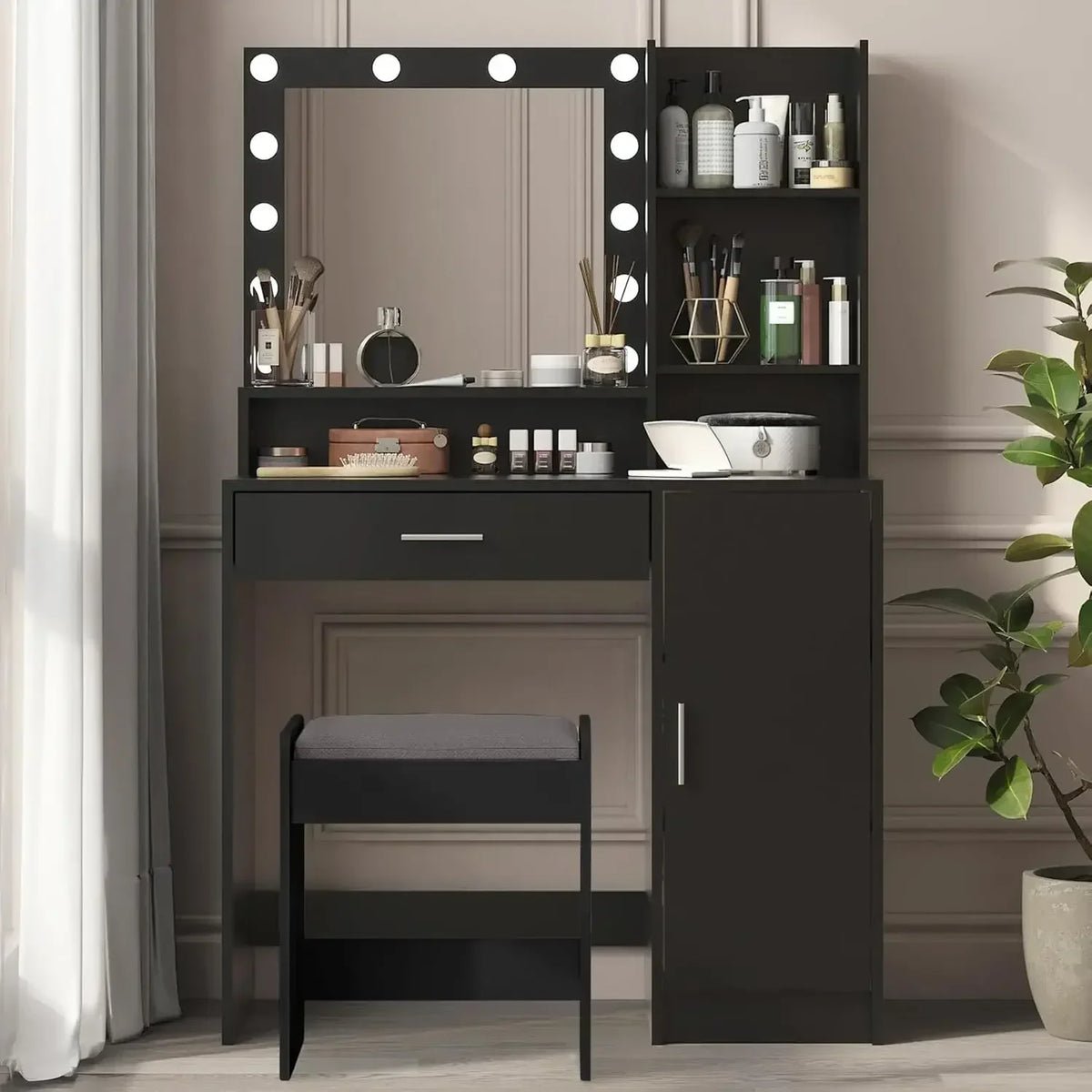 Vanity Desk with Mirror & Light, Large Drawer & Three Level Storage Dresser, Bedroom Dressing Table (Black with Stool)