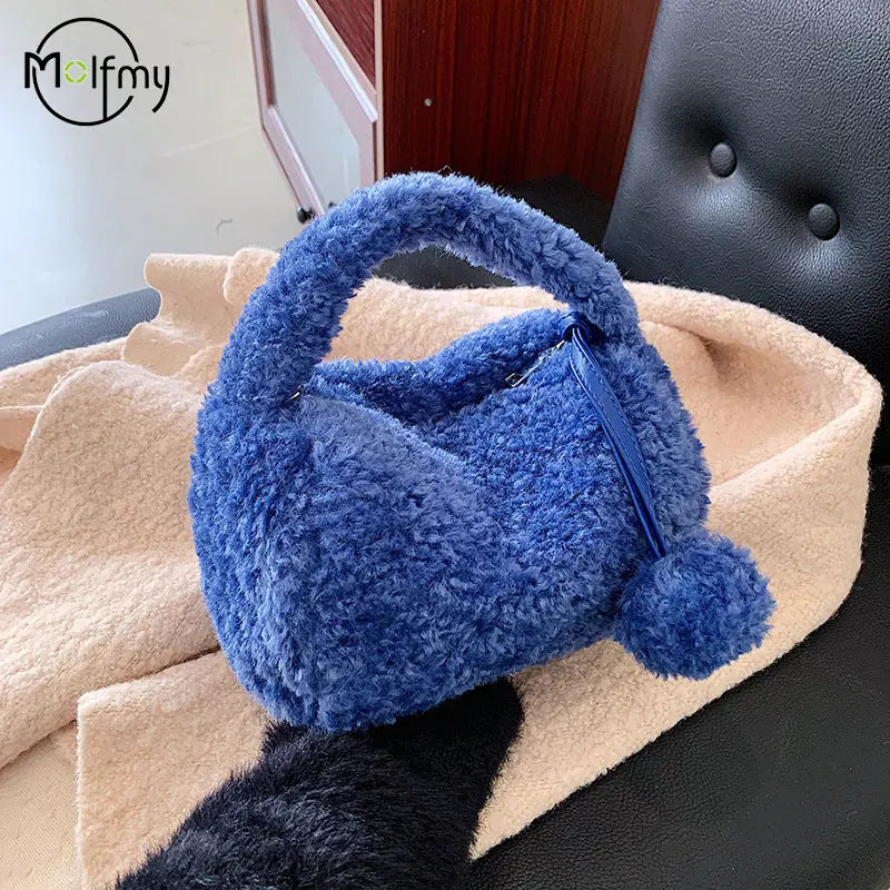 Handbag Women Faux Fur Plush Women's Bags Lady Shoulder Crossbody Bag Casual Tote Half-Moon Hobos Winter Bags for Women 2025 New