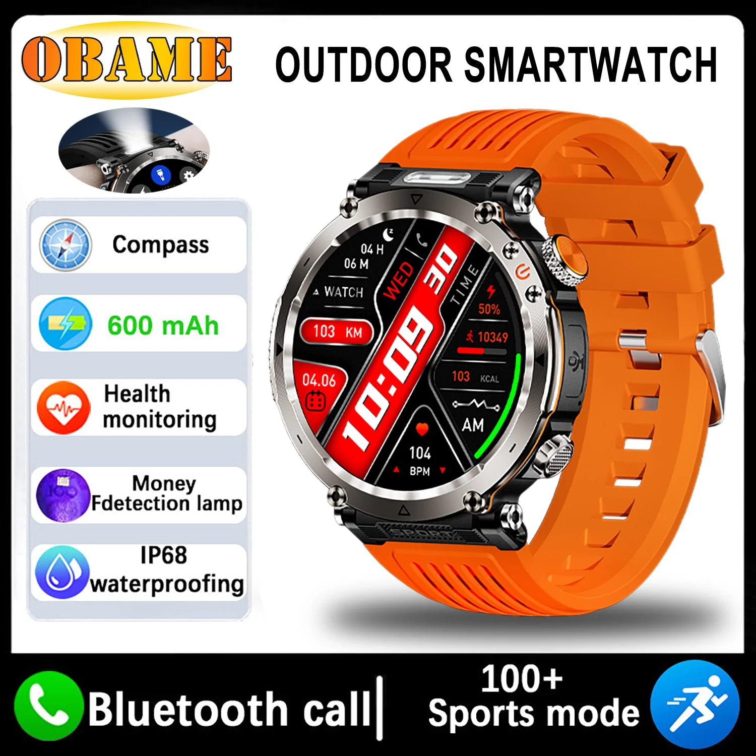 New 5ATM Outdoor Smart Watch Men 600mAh LED Flashlight SmartWatch Compass Bluetooth call Heart rate IP 68 Sports Smartwatch 2025