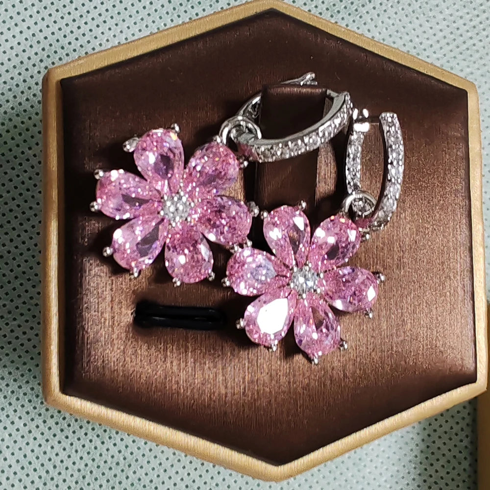 Pink Flower Sparkling Zircon Silver Drop Earrings for Women Vintage Jewelry Wedding Engagement Hoop Earrings Gifts |...