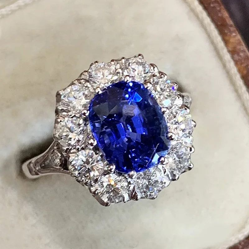 CAOSHI Luxury Blue Crystal Stone Rings with Tiny Flower Cubic Zirconia Pretty Women's Jewelry Elegant Engagement Accessories