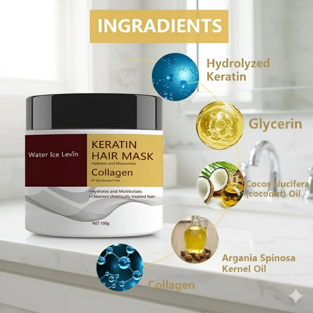 Keratin Hair Mask. Hydrolyzed Keratin Collagen. Hydrates Moisturizes. Repairs Dry Damaged Hair. Coconut Argan Oils....