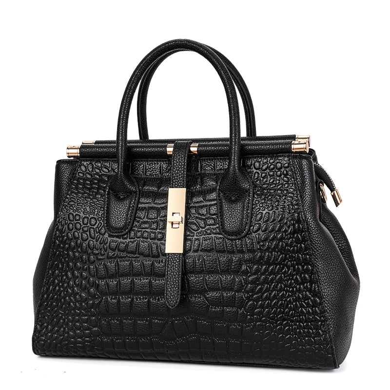 Aidrani Genuine leather women's handbag, large capacity crocodile patterned cowhide bag, black