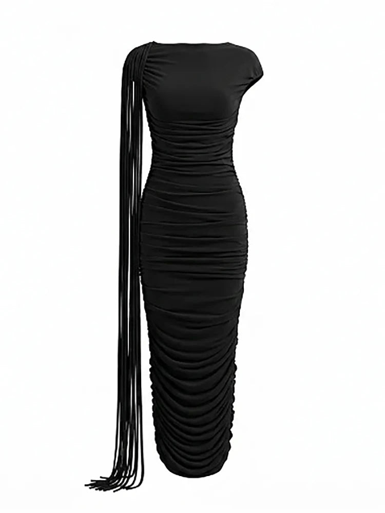 Sexy O Neck Tassel Patchwork Folds Long Dress Women Black Sleeveless Ruched Bodycon Slim Dresses Celebrity Evening Party...