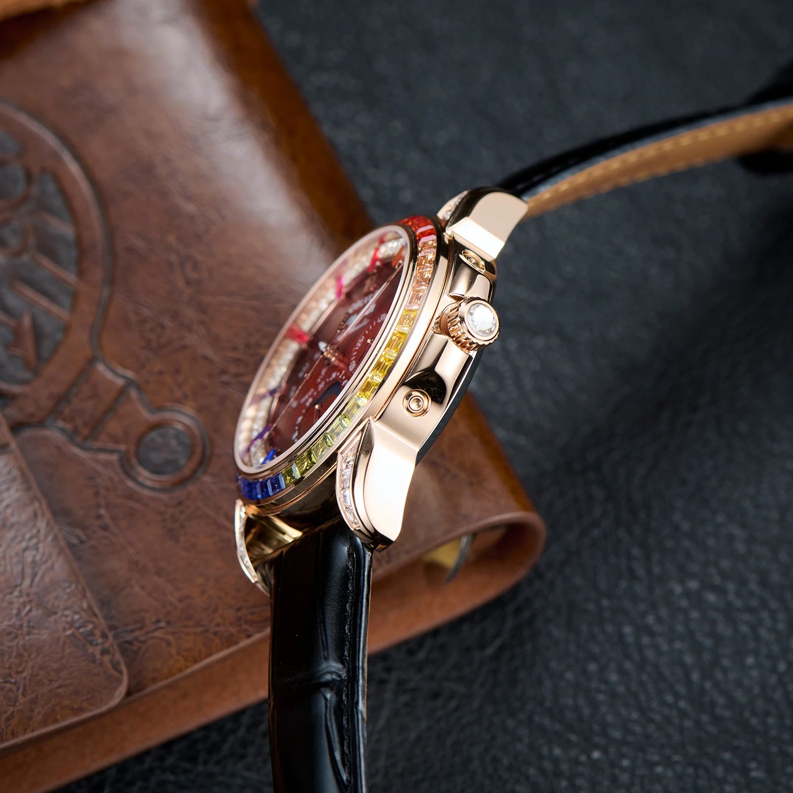 OBLVLO Men's Fashion Automatic Watch Colorful Zircon Moonphase Mechanical Multifunctional Black Leather Strap Timepiece...