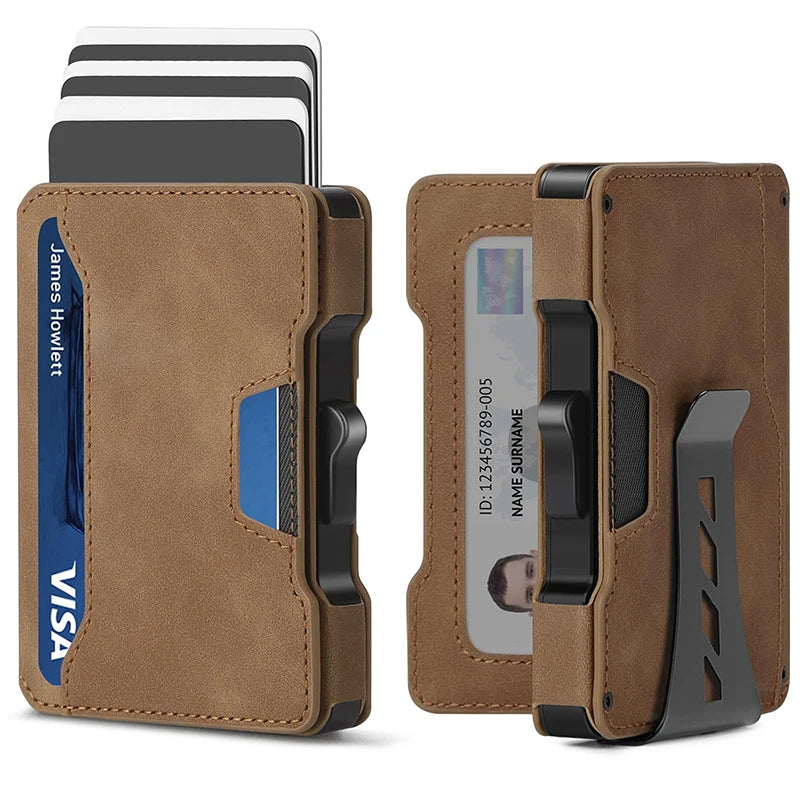 Minimalist Mens Wallet with Money Clip, Aluminum Pop Up Card Case and Leather Slots Credit Card Holder RFID Blocking Wallet