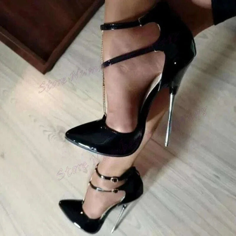 Black Cover Heels Metal Heels Pumps Matte Leather Pointy Toe Shoes for Women Thin High Heels Sexy Shoes 2025 Zapatos Para Mujere
