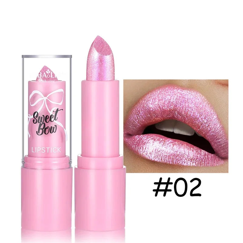 Pink Luxurious Metallic Glitter Lipstick Lasting Waterproof Shimmery Pearl Sparkling Hydrating Lipstick Women Makeup Cosmetic