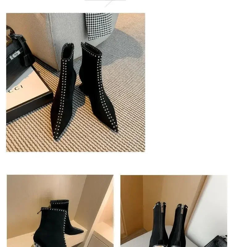 2024 Shallow Spring Autumn Women Ankle Boots Punk Pointed Toes Unqie Heels Designer High Heels Ladies Short Boots Back Zip