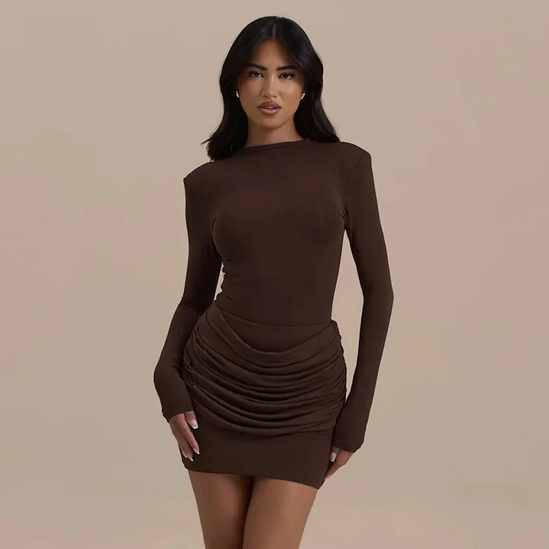 Solid Color Gathered Hip Cover Long Sleeve Dress Women's Spring Summer New Casual Round Neck Dresses For Women Ropa...