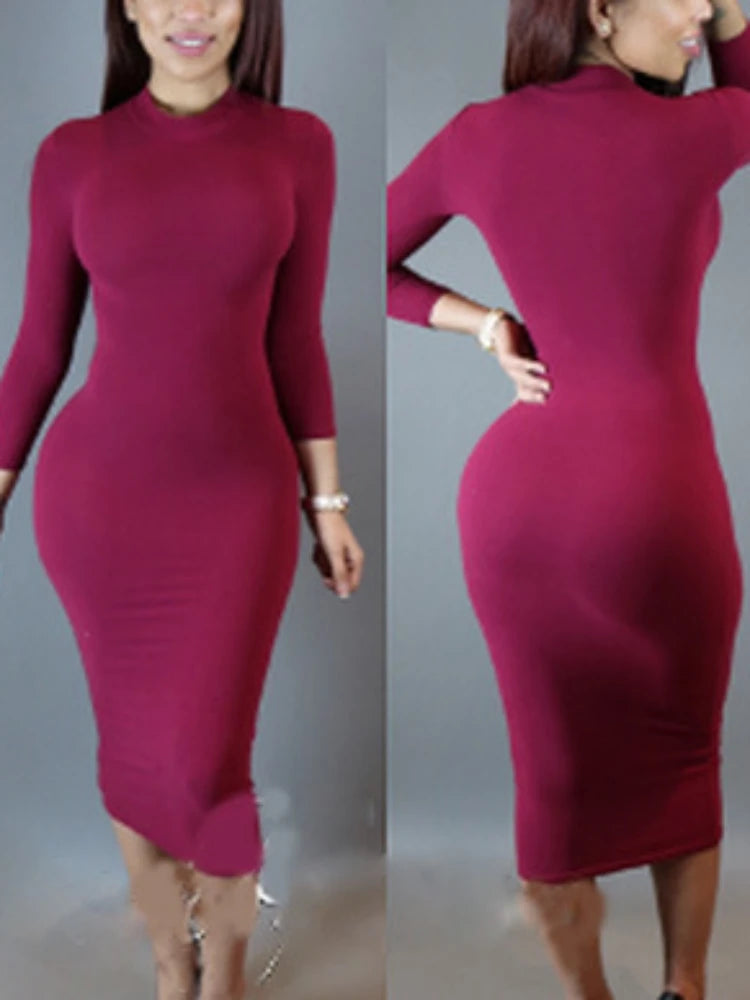 Sexy Solid Color Elastic Slim Bodycon Dress Women Long Sleeves Girdling Waist Skinny Dress Elegant Club Party Vestidos