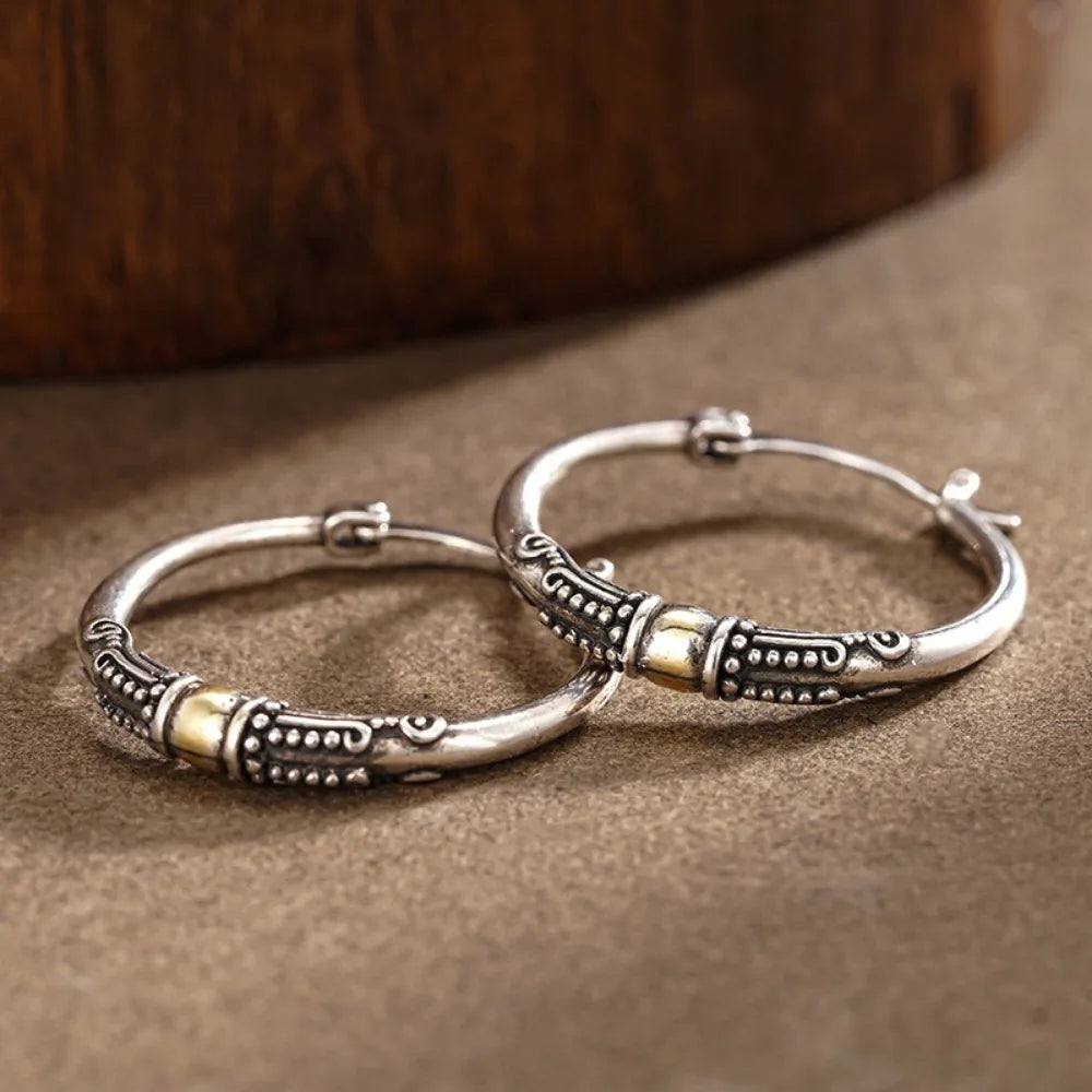 New Creative Retro Ethnic Pattern Double Color Stainless Steel Hoop Earrings for Women Trendy Personality Daily Wear Jewelry