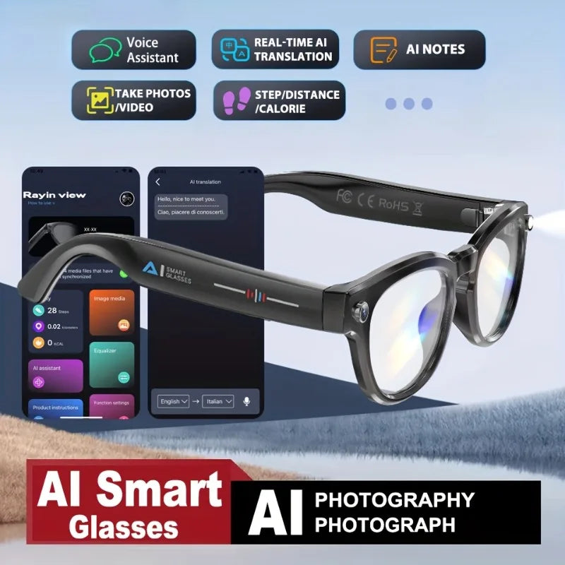 AI Voice Assistant Smart Glasses - Wireless Calls, AI Translation, with LED Flashlight Remote Camera, Music Playback, Gift