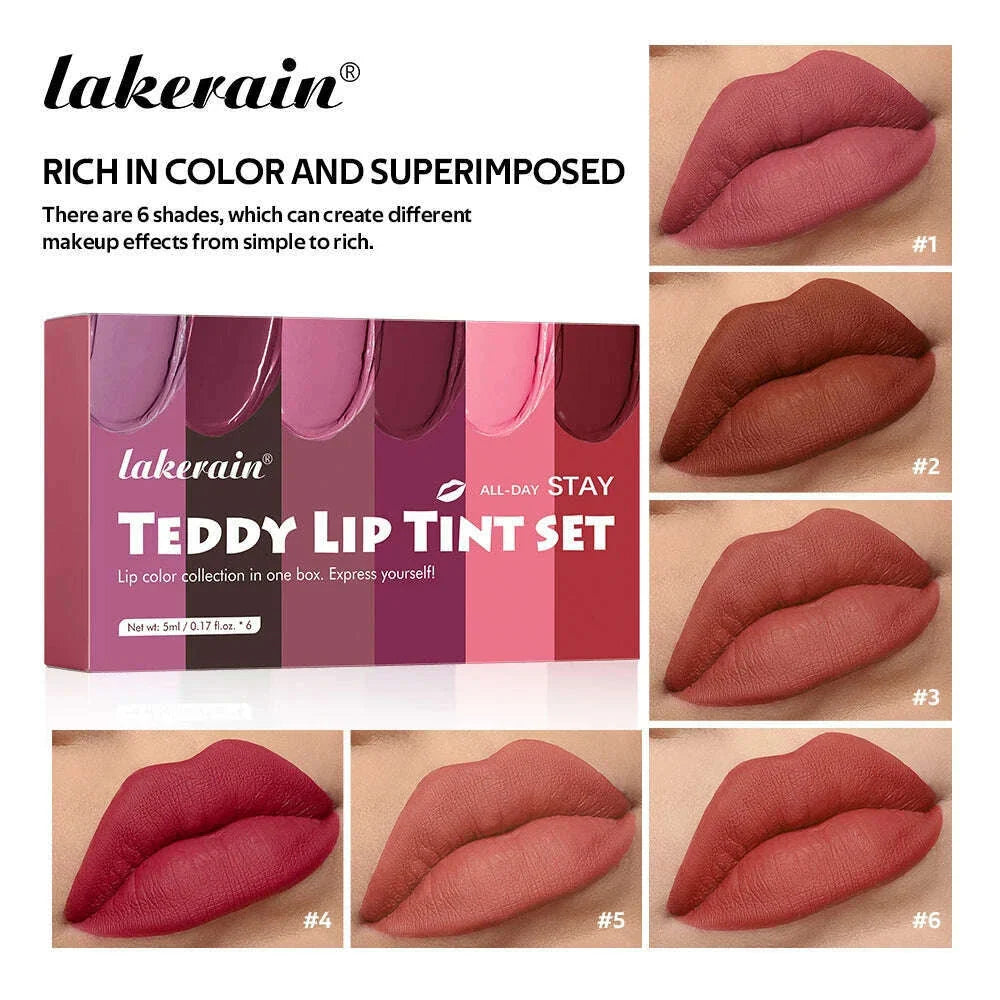 lakerain 6 colors matte teddy lip gloss lasting color waterproof not easy to take off makeup non-stick cup lip gloss