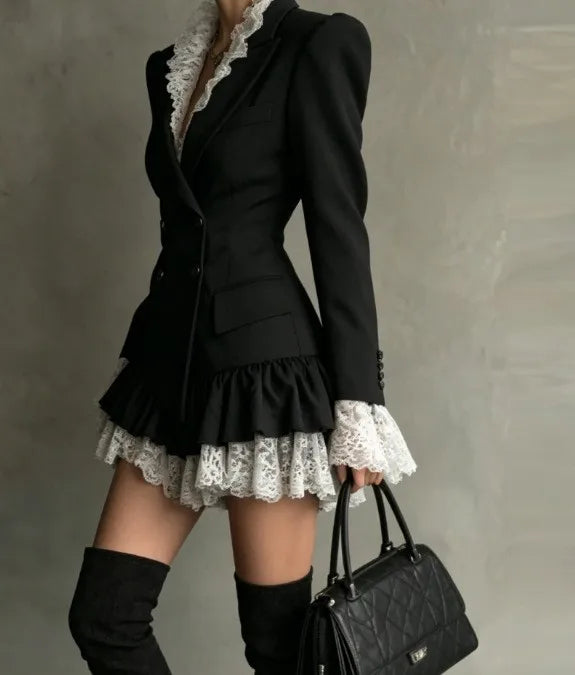 Autumn Lapel DoubleâBreasted Lace Ruffle Mini Dresses Women Fashion Long Sleeve Short Dress Elegant Ladies Party...