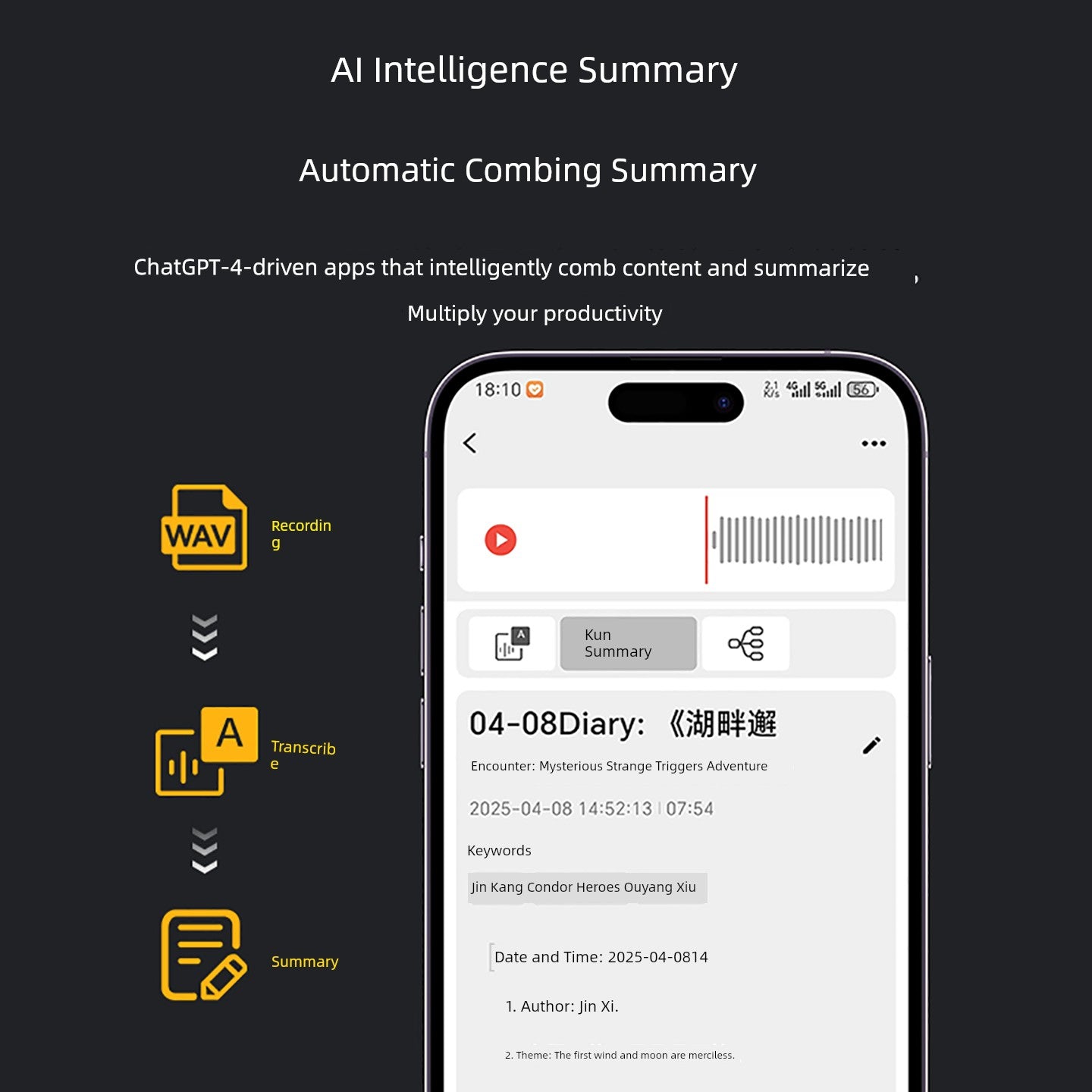 AI intelligent recording pen voice to text small portable recording Handy Gadget translation APP real-time Bluetooth meeting record
