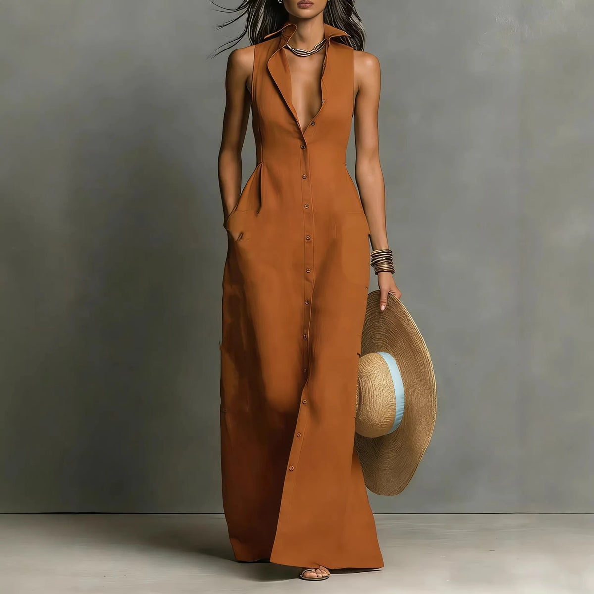 Women Maxi Dress Sleeveless Lapel Collar Button Down Shirt Dress With Pockets Deep V Neck Summer Beach Vacation Long Sundress
