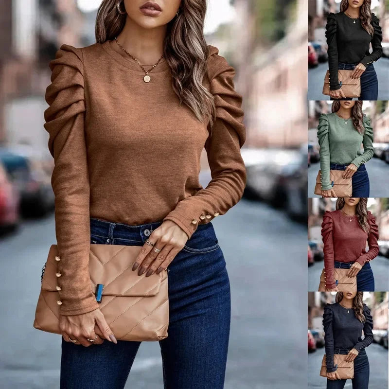 Women New Spring Long Sleeve Blouse Fashion O Neck Puff Sleeve Solid Office Tops Female Casual Loose Shirts For Women Casual Top