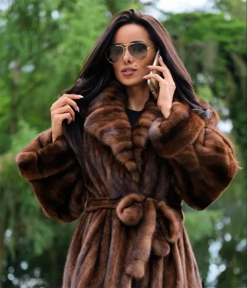 BFFUR Real Mink Full Pelt Mink Fur Coat Winter Women Fashion Warm Clothing Natural Fur Coats Lurxury Collar Fur Long Mink Jacket