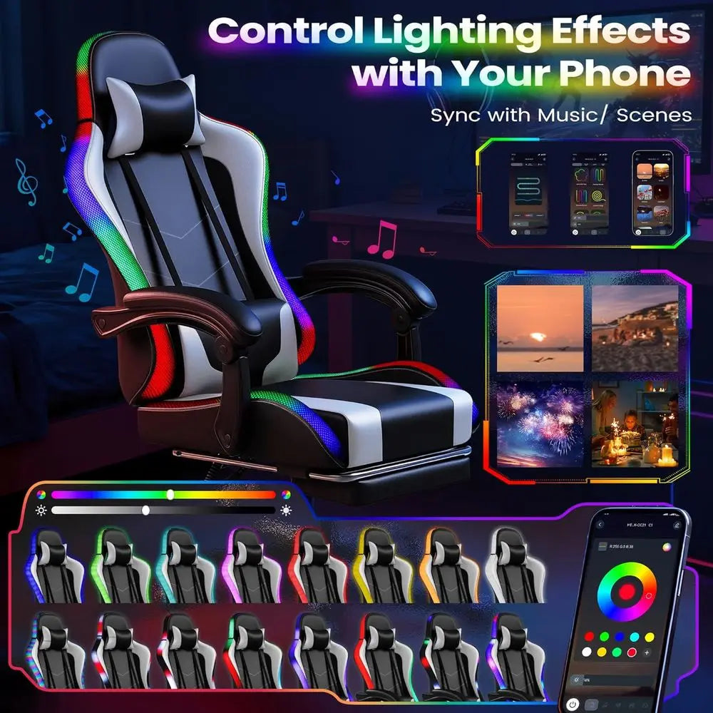 Ergonomic Gaming Chair with Footrest, Lumbar Massage, RGB Ivory, Adjustable Height & Swivel Seat