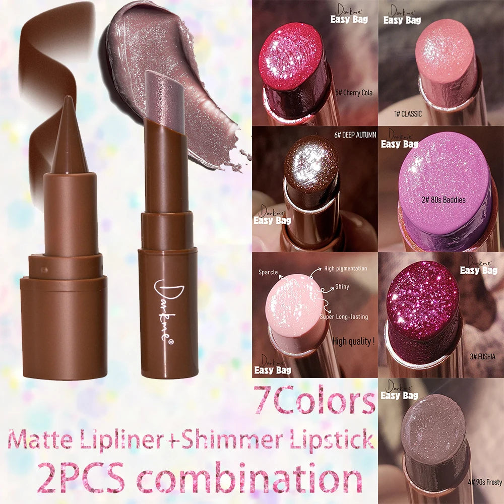 Tapered Tip Matte Lip Liner Pencil & Pearlescent Lipstick Set Long Lasting Waterproof Sparkling Professional Lip Makeup...
