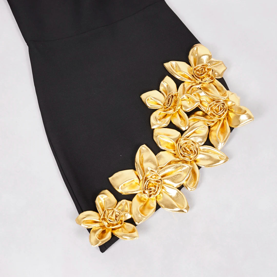 2025 New Fashion Women Long Sleeve Sexy Square Collar Gold Florals Bodycon Mini Bandage Dress Celebrate Nightclub Party Wear - Kimlud