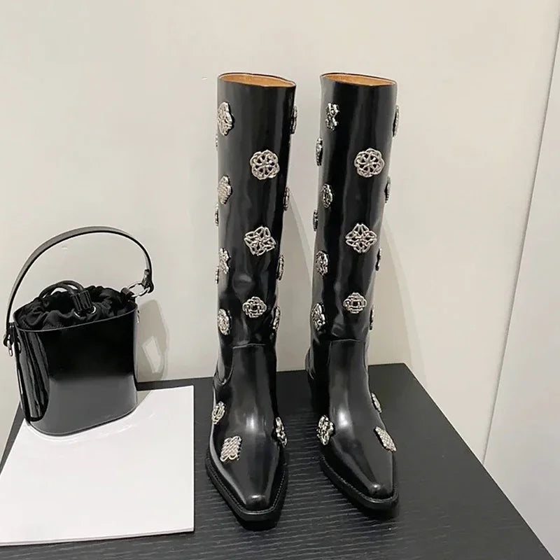 Square Toe Metal Decoration Block Heel Knee-High Boots Woman Winter 2025 New In Black Slip-On Boots Fashion Shoes for Women
