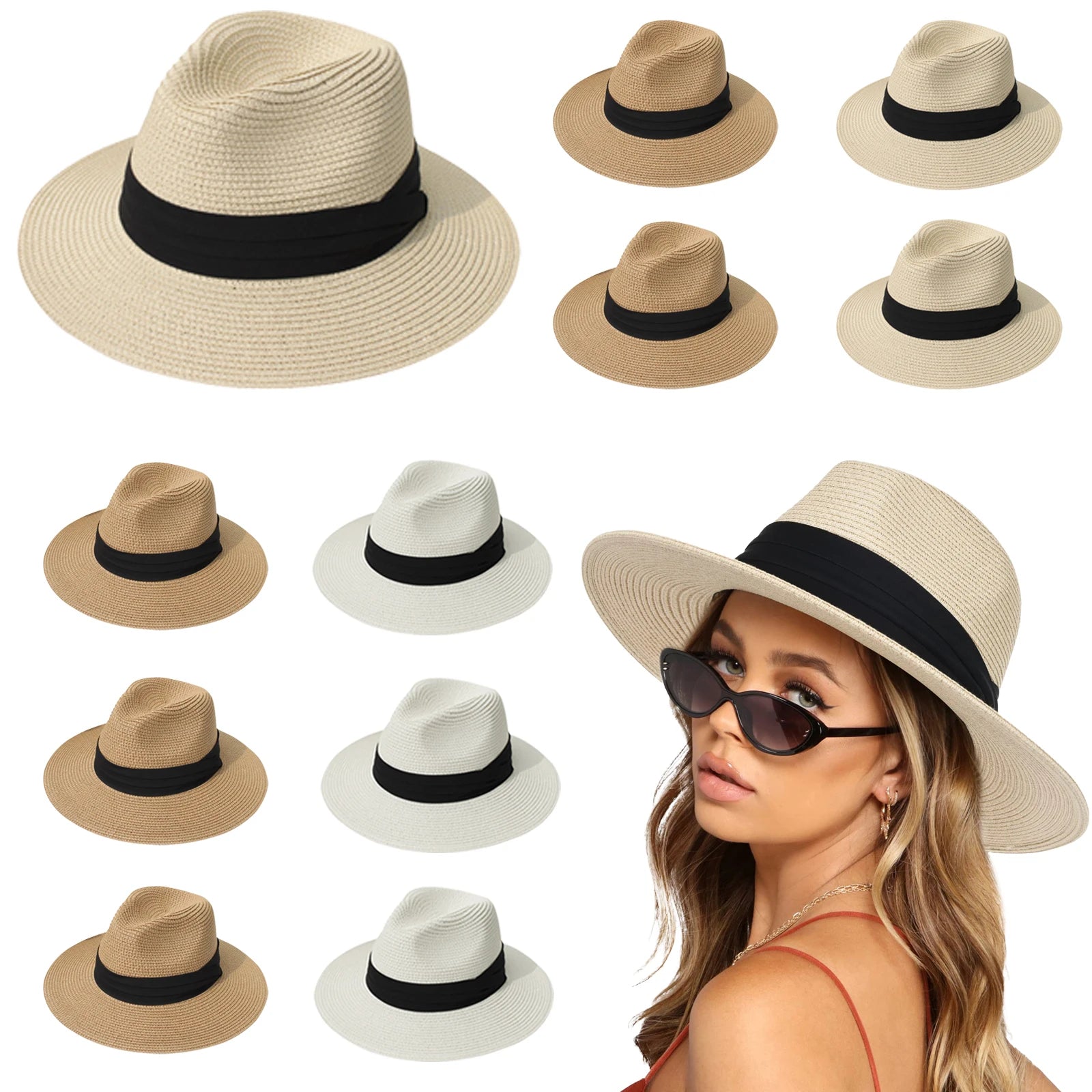 6-48PCS Straw Hat for Wedding 1920s Party Sombrero Straw Fedora Hats Panama Sun Summer Hat Beach Wedding Favors Men Women Trilby