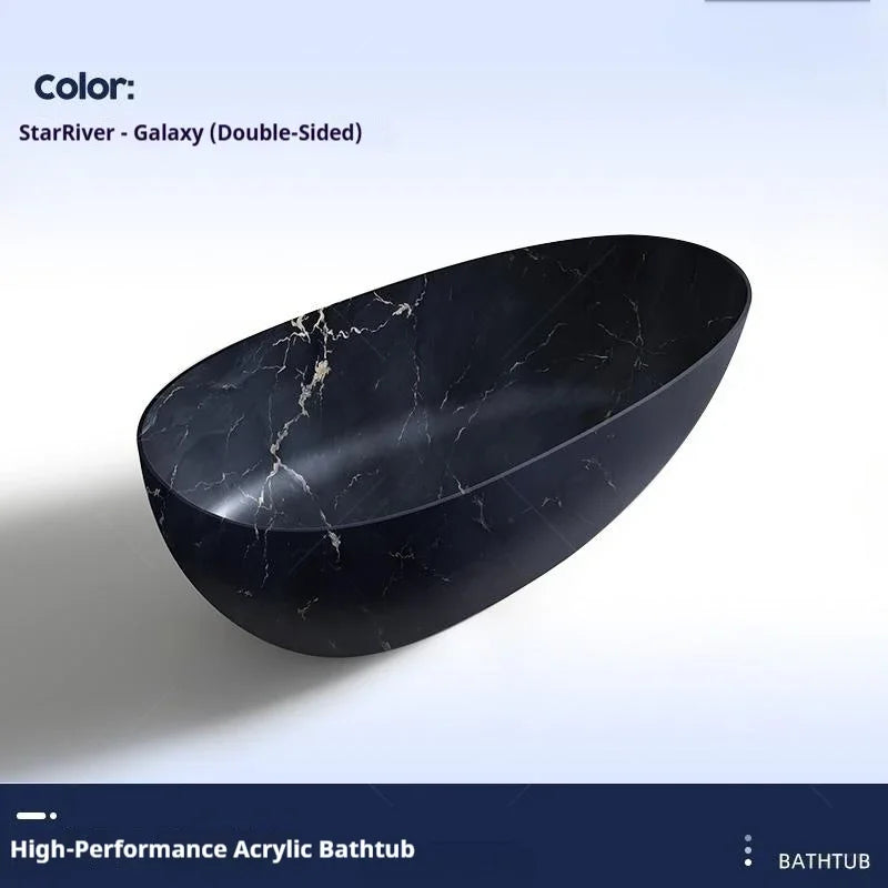 Luxury marble-patterned freestanding bathtub, oval-shaped artificial stone soaking tub, suitable for hotels and villas.