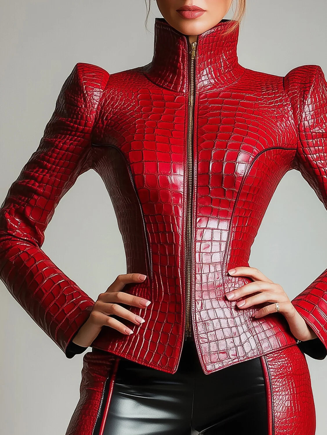 PU Leather Alligator Pattern Long Sleeve Zipper Jacket Turtleneck Slim Long Sleeve High Street Gothic Vintage Outerwear Coat