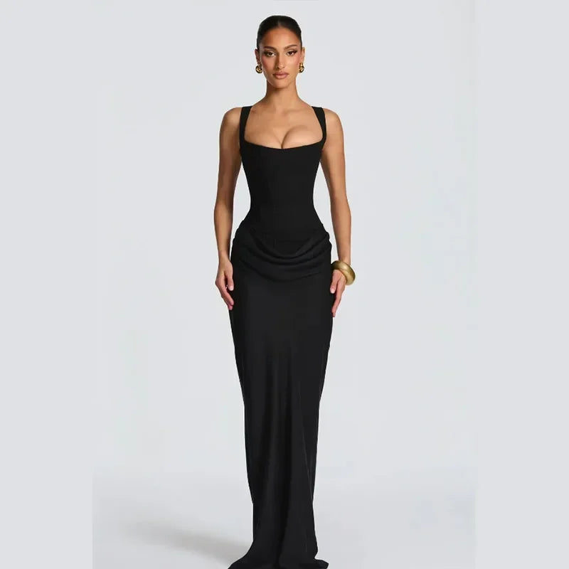 Sexy Luxury Pleated Sling Long Dress Women Elegant Solid Sleeveless Slim Fit Maxi Dresses 2026 Shinny Daily Lady Vestidos New