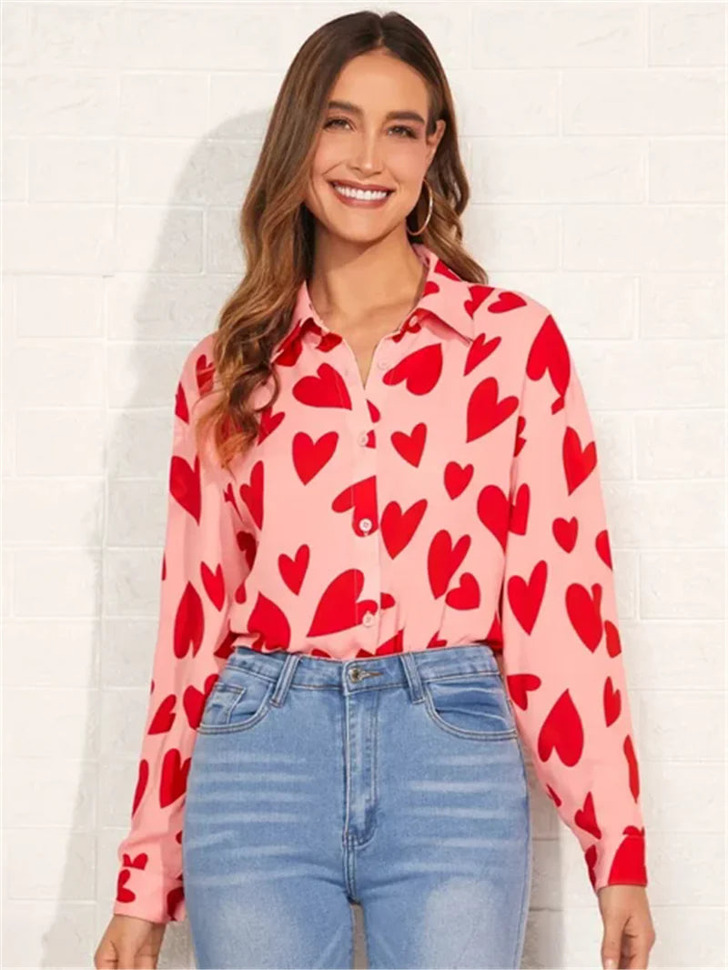 Women Chiffon Shirts Elegant Work Casual Tops Spring Summer Sweet Long Sleeve Love Heart Print Pattern Office Lady Blouse Shirts