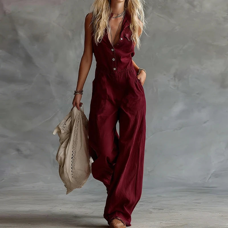 Women Summer Sleeveless Patchwork Jumpsuit Wide Leg Pants Playsuit Chic Bodysuit Button Detail Holiday Fashion Simple Design New - Kimlud