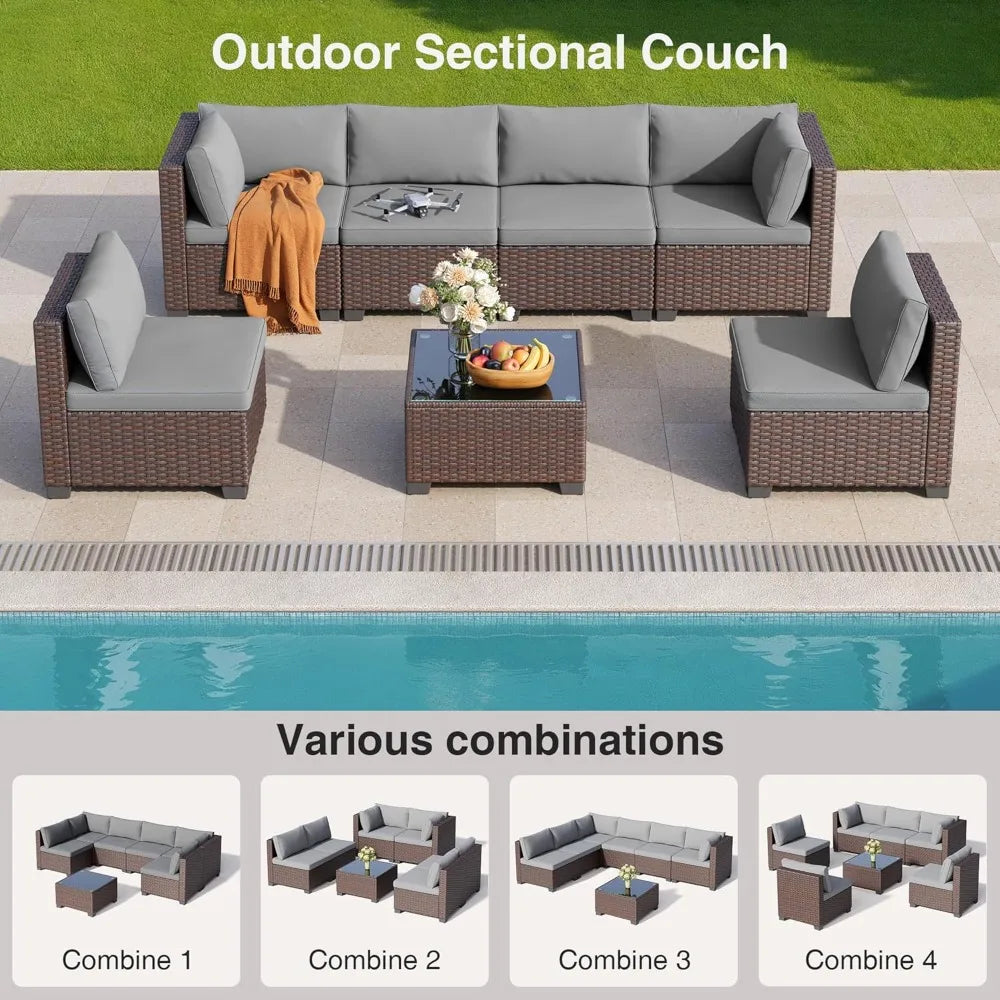 7 Pieces Outdoor Patio Furniture Set, PE Rattan Outdoor Wicker Sectional Furniture Sofa Set, with Cushions | Kimlud...