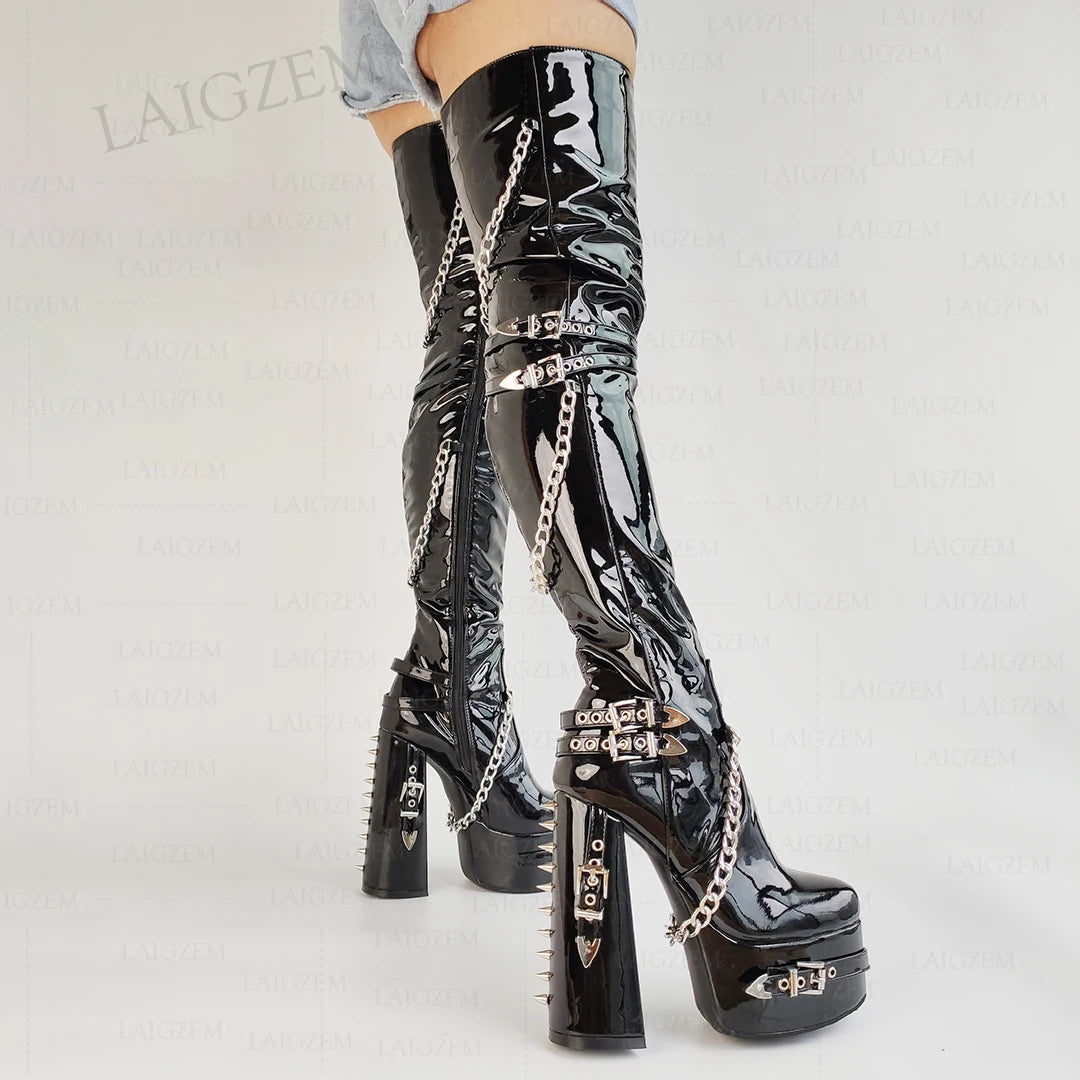 LAIGZEM Slim Fit Women Thigh High Boots Rivets Chains Platform Thick High Heels Boots Full Zip Shoes Woman Big Size 41 44 47
