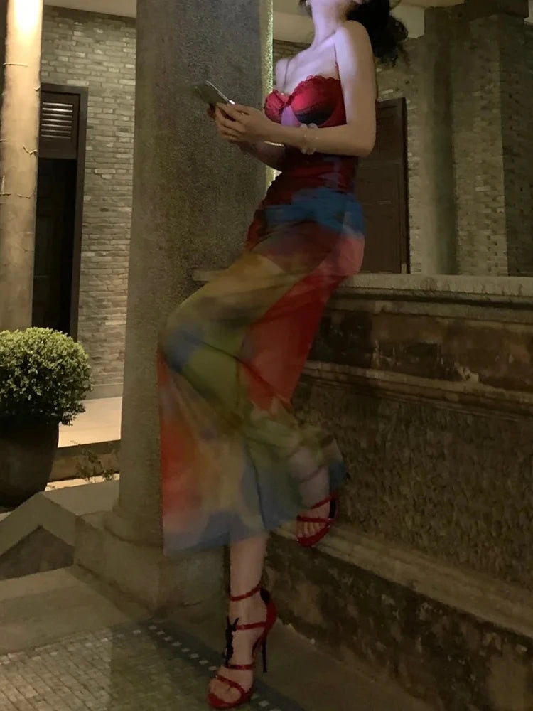 Weird Puss Colorful Print Maxi Dress Patchwork Lace Mesh Low-Neck Sleeveless Backless Summer Trend Vacation Clubwear...
