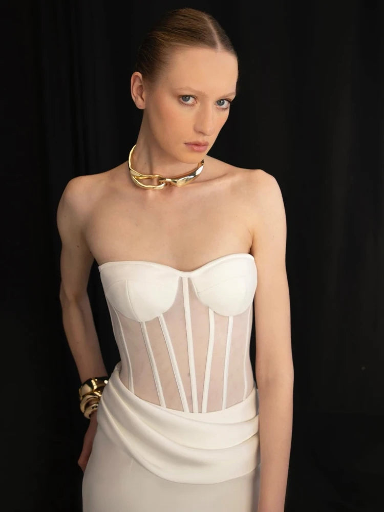 Sexy Women Two Piece Set Mesh Patchwoek Strapless Crop Top + Pleated Folds Slim Long Skirts Women's Sets Evening Party...