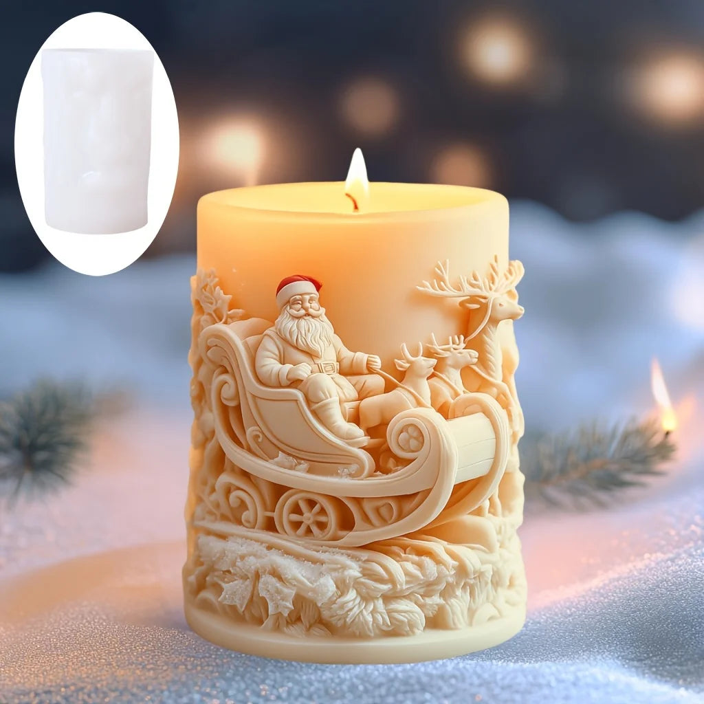 3DReindeer riding Santa Claus relief cylindrical candle silicone mold Christmas tree snowflake snow forest reindeer resin molds