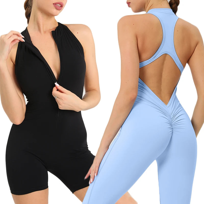Backless Scrunch Sporty Jumpsuit Gym Tracksuit Women's Fitness Overalls Sexy Hollow One-Piece Sport Suit Zipper Workout Jumpsuit - Kimlud