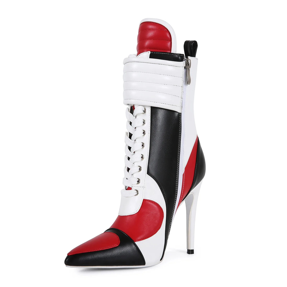Women Pointed Toe Stiletto High Heel Ankle Boots Color Block Lace Up Fashion Party Club Punk Streetwear Booties