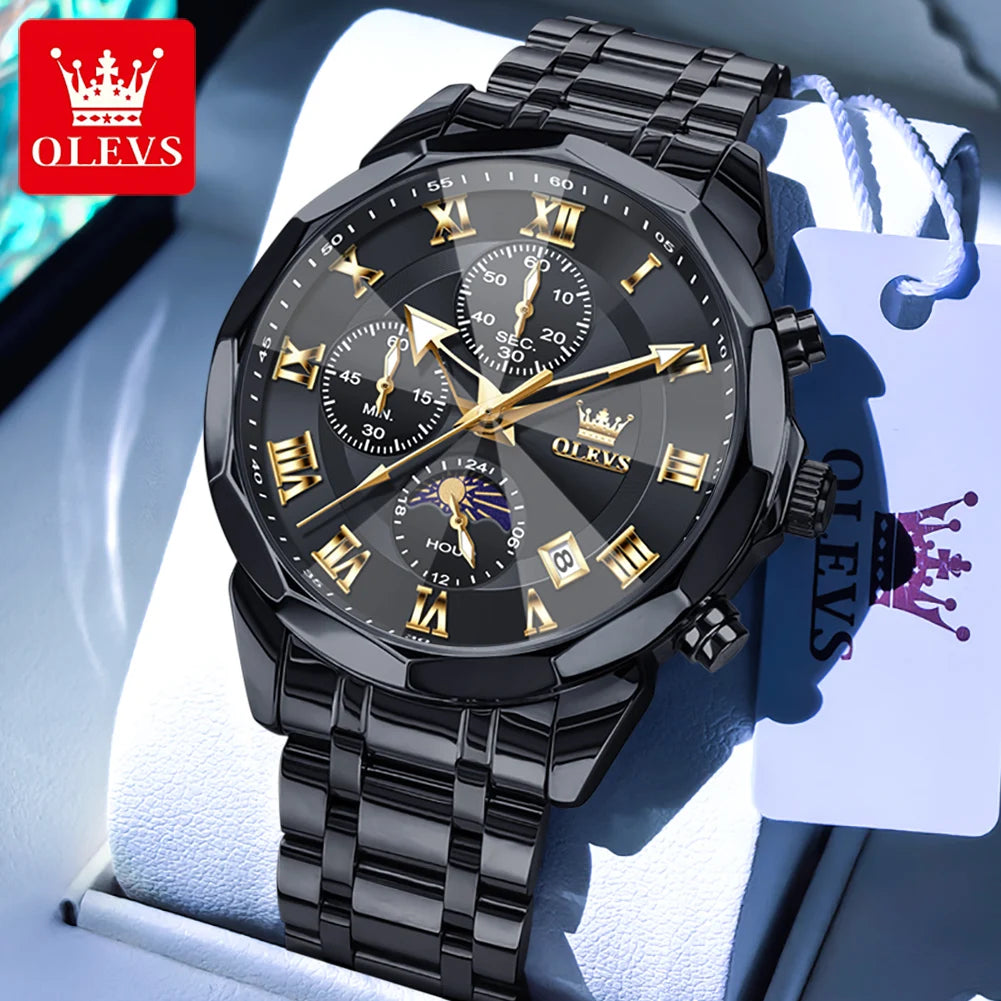 OLEVS 3675 Mens Watch Original Business Brand Quartz Watch Multifunctional Chronograph Waterproof Moon Phase Watch For Man New