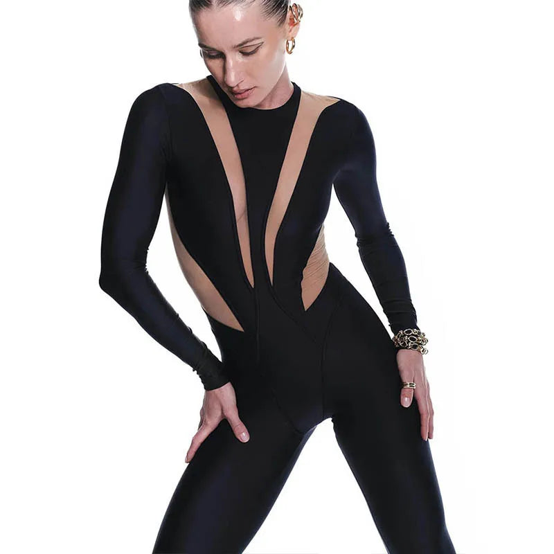 Sexy Mesh Hollow Patchwork Jumpsuit Long Sleeves Game Cosplay Bodysuit Women Performance Dance Costume Party Outfit