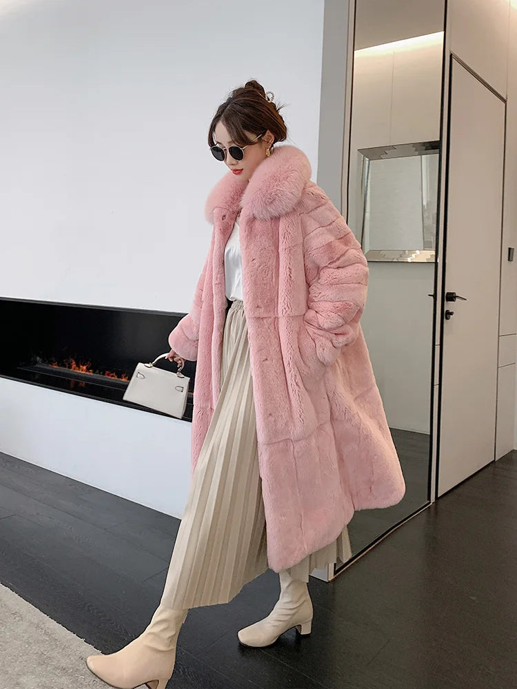 Women X-long Whole Skin Rex Rabbit Fur Coat Luxury High-end Natural Fur Jacket Oversized Genuine Fox Fur Collar