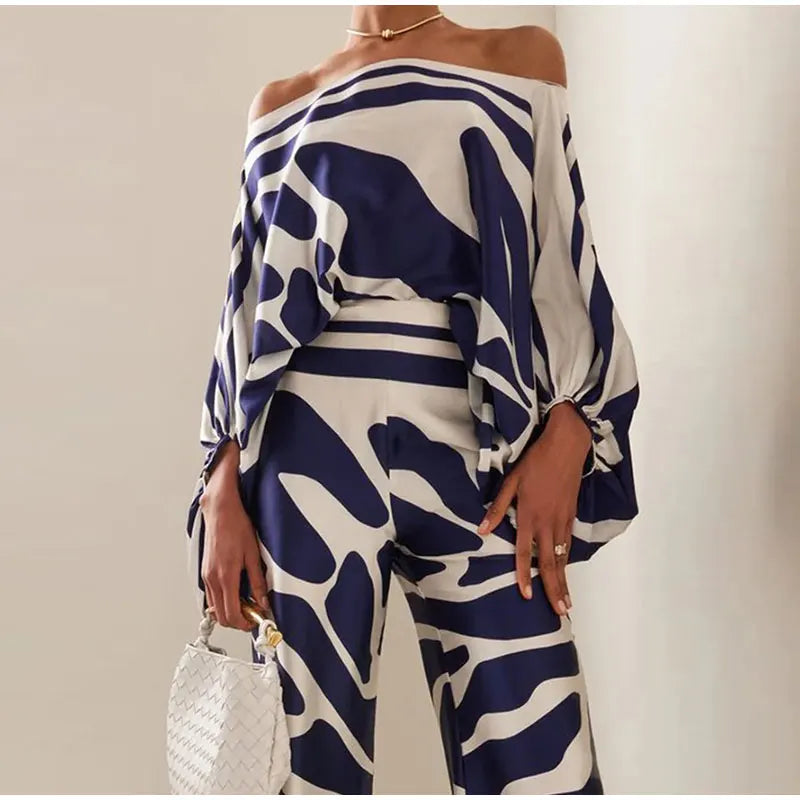 Women Satin Print Pajamas Suit Fashion Hollow Off Shoulder Tops with Long Pants 2 Piece Sets 2024 Homewear Commuting Outfits - Kimlud