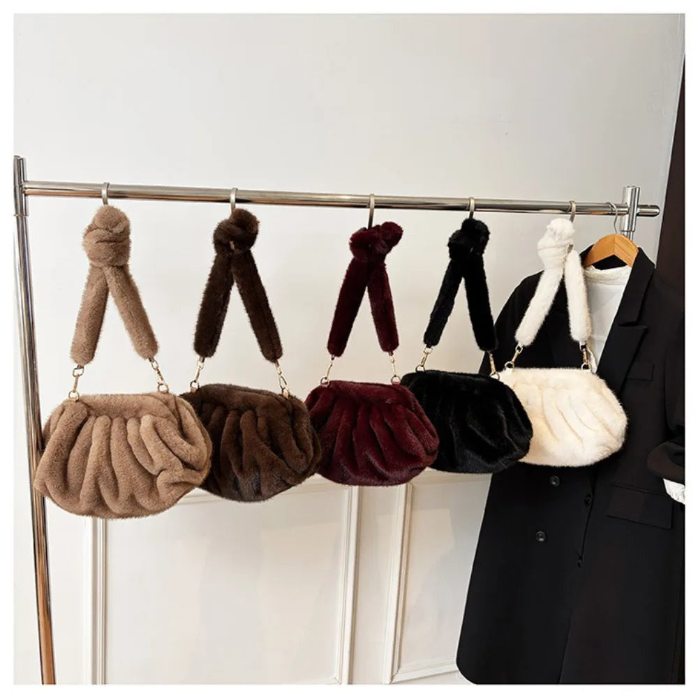 Fashionable Wrinkled Cloud Bag Soft Faux Fur Small Shoulder Bags for Women 2025 Winter Trend Korean Plush Handbags Crossbody Bag