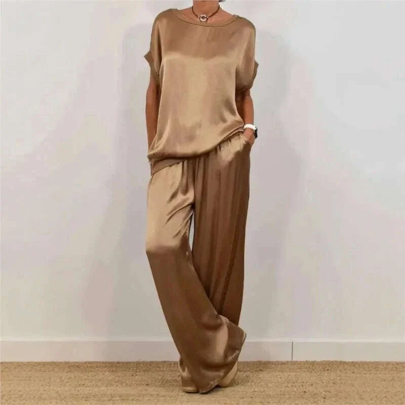2025 Spring Satin Oversize Women Suit Black V-neck Tops Long Pants Loose Suits Female Summer Casual Trendy Ladies Clothes Sets
